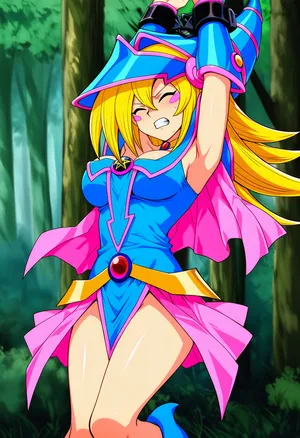 おじさんに拘束され胸を揉みしだかれるブラックマジシャンガール